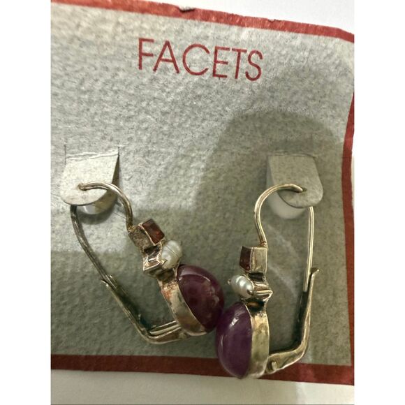 Facets Women's Sterling Silver Amethyst Ruby Pearl Leverback Drop Earrings NWT